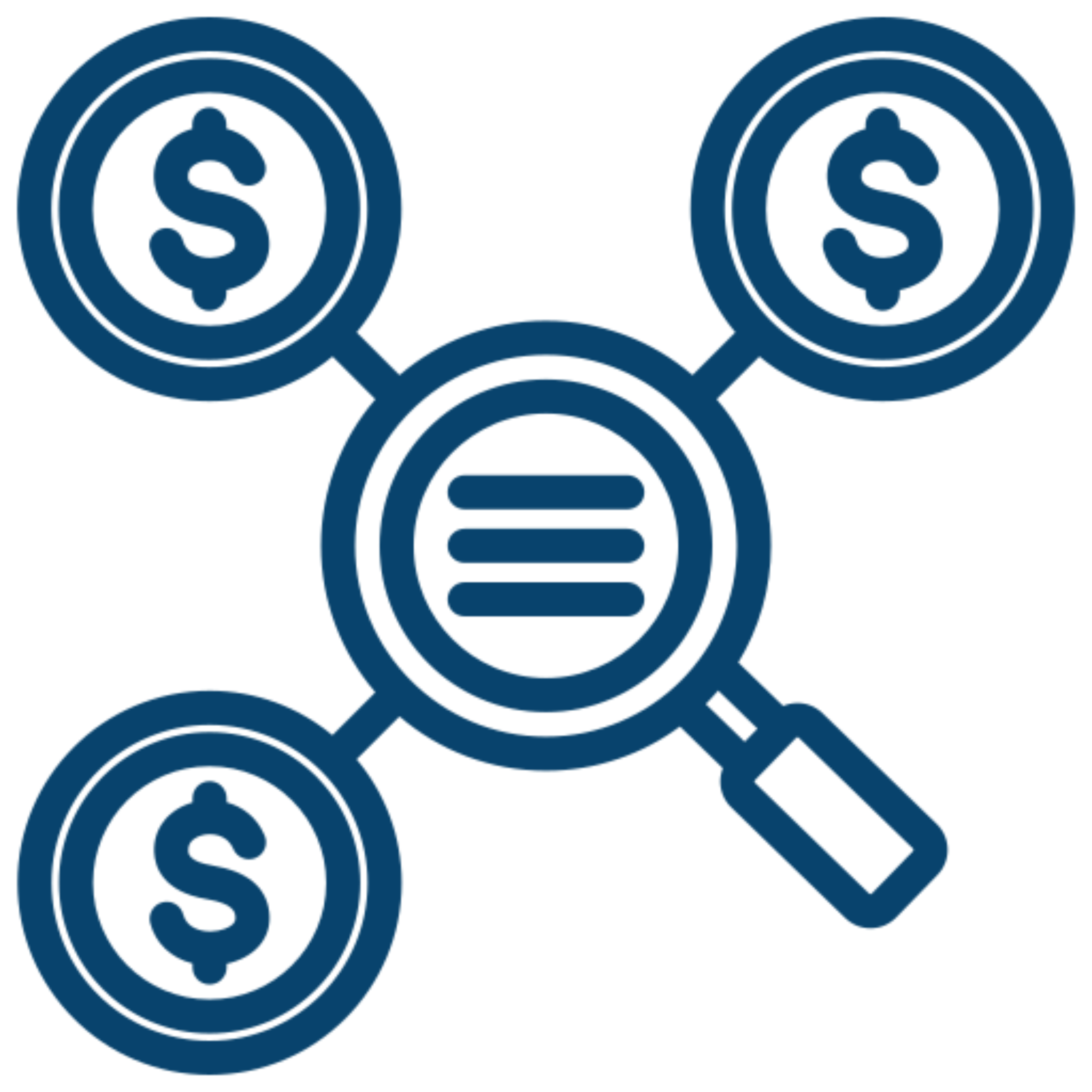 Magnifying glass with dollar signs icon.