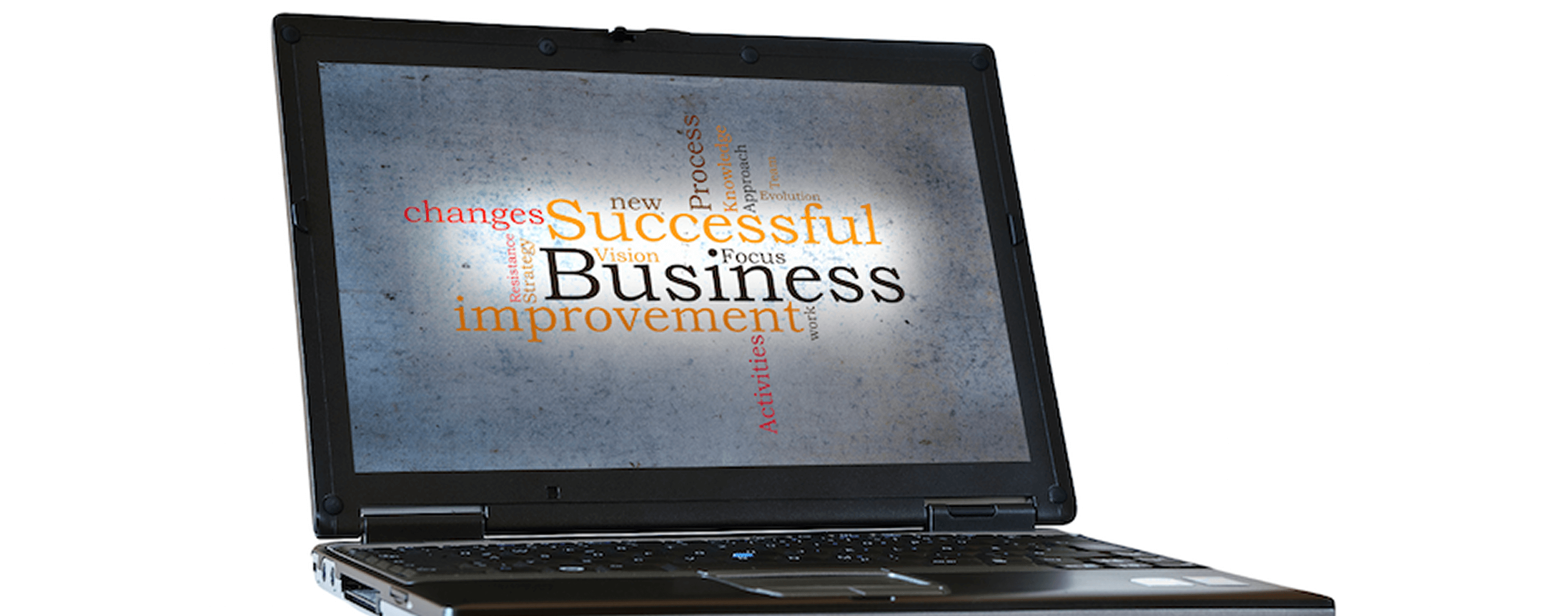 Laptop displaying business-related word cloud.